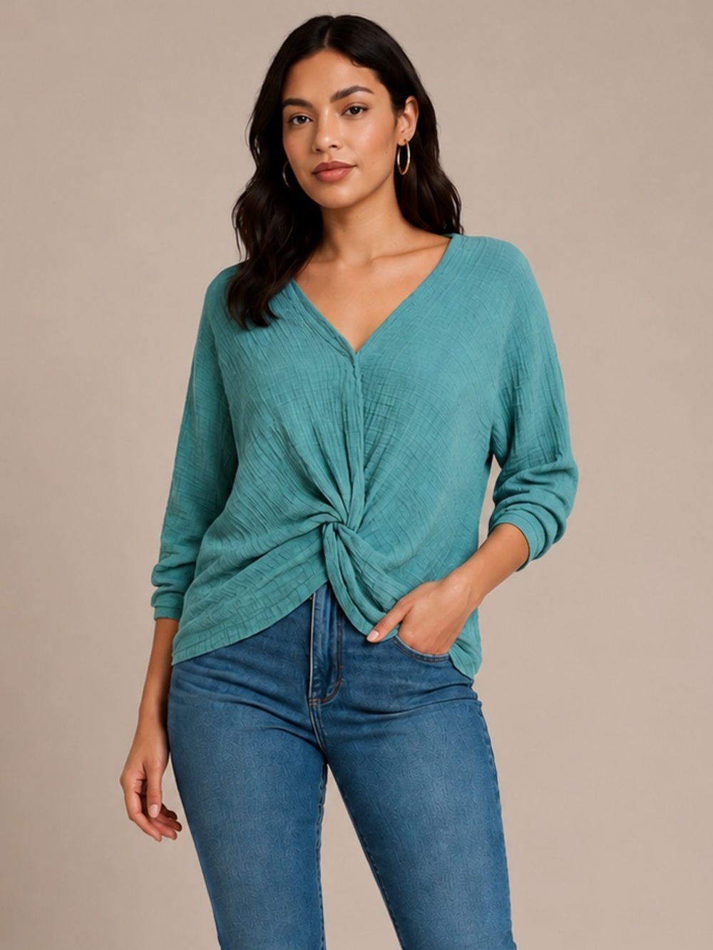 Umgee Twist Knot Front Peasant Top Size S